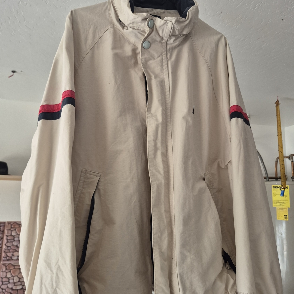 Beige Nautica Jacket with Red and Black Stripes